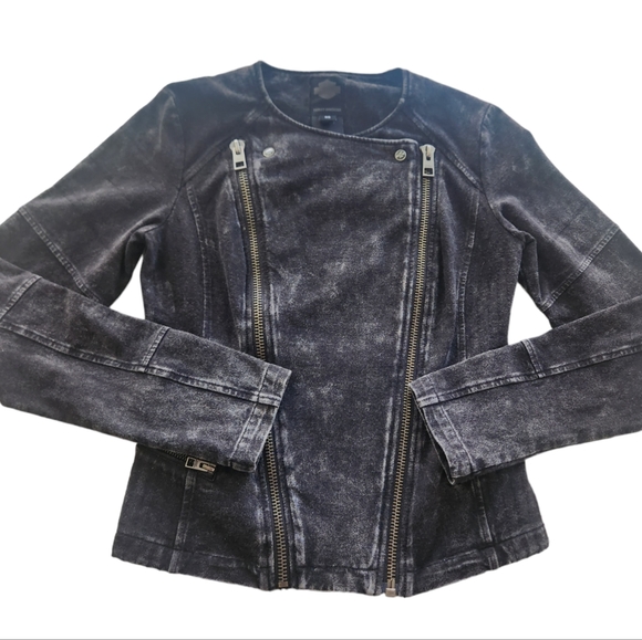 HARLEY-DAVIDSON Black Distressed Demin Look Biker  Jacket 97104 Women's … - Picture 1 of 5